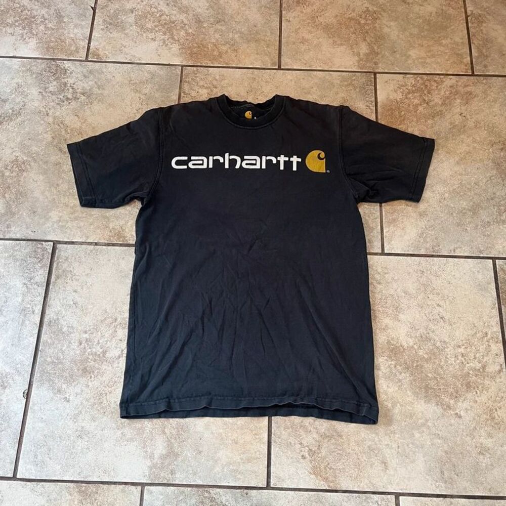 Carhartt Graphic T Shirt Black Faded Spellout Center Logo Workwear size S